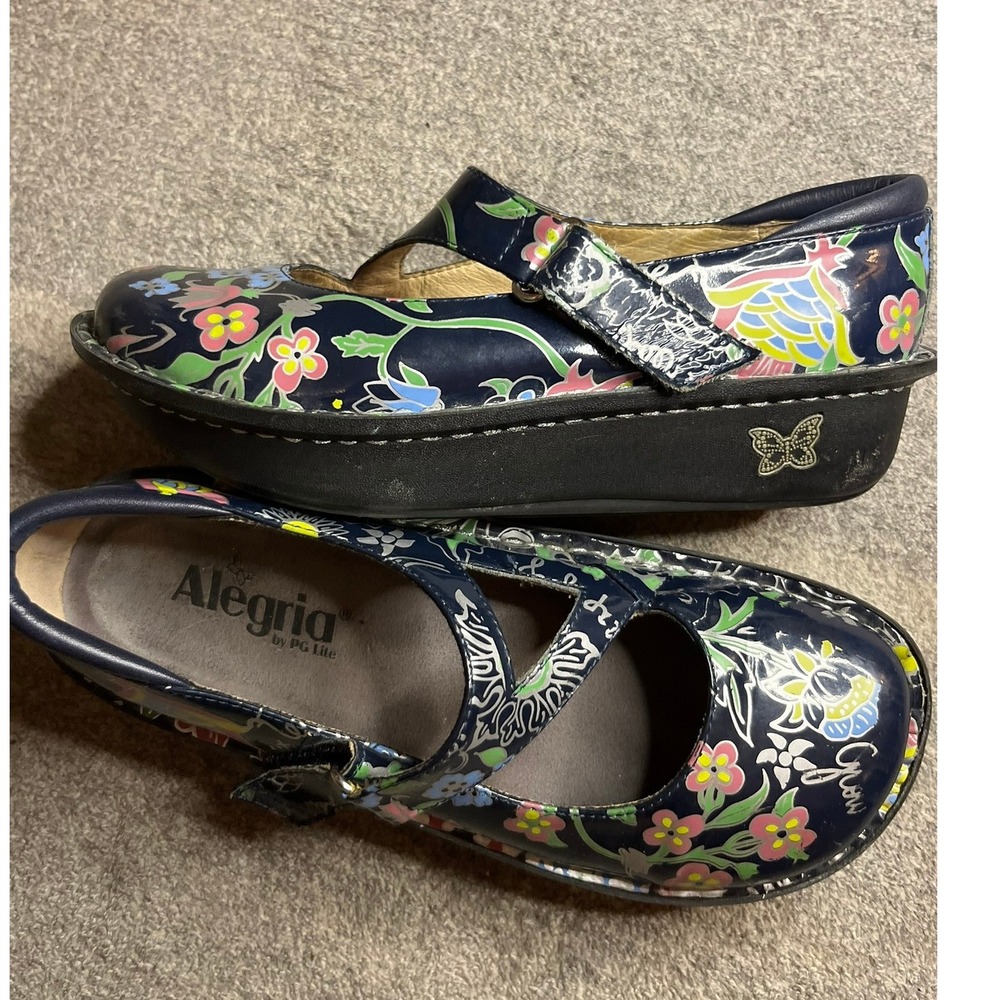 Alegria Dayna Navy Floral Patent Leather Mary Jane Clogs size 37 DAY-354
